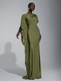 Elitara Elegant,Summer Olive Green Knitted Fishtail Skirt With Large Ruffled Sleeves,Short Train,Evening