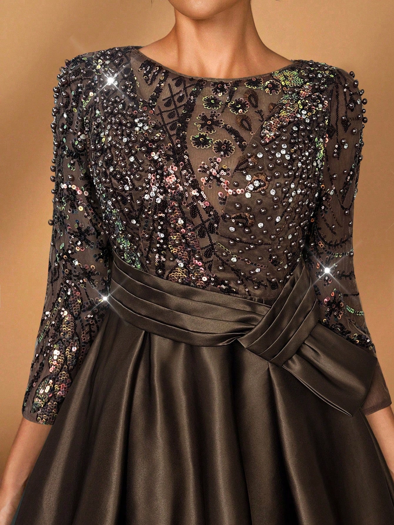 Serin Elegant Luxurious Rosegold Sheer Long Sleeve Embroidered Lace
