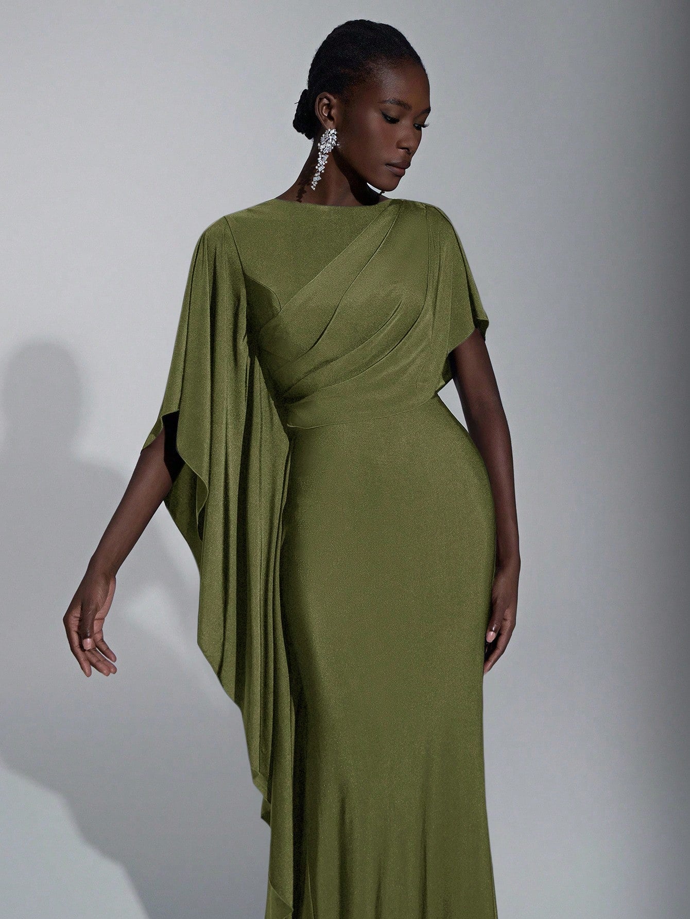 Elitara Elegant,Summer Olive Green Knitted Fishtail Skirt With Large Ruffled Sleeves,Short Train,Evening - image 7