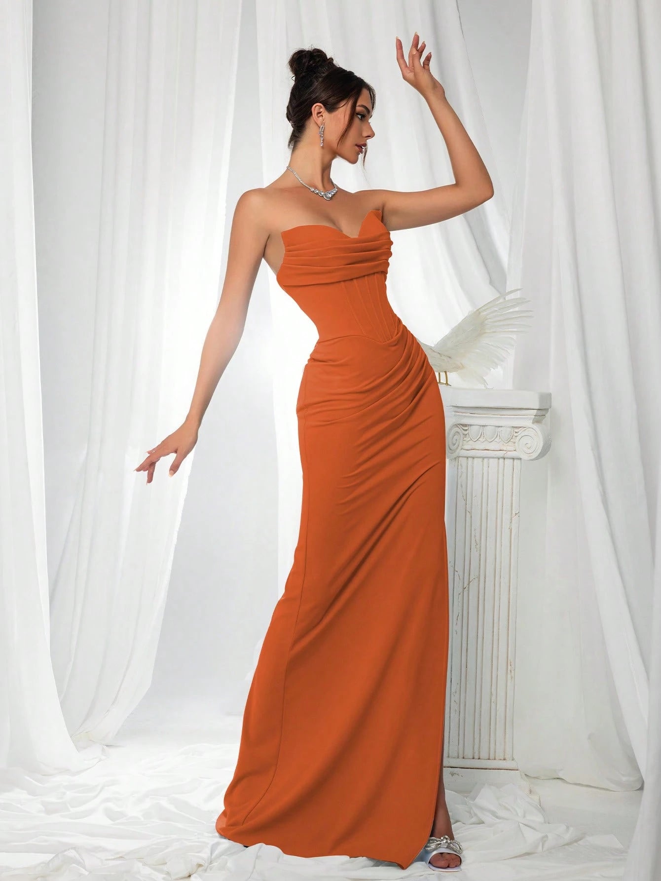 VIPGIRL Elegant Bridesmaid Dress: Strapless Fitted Satin Dress,