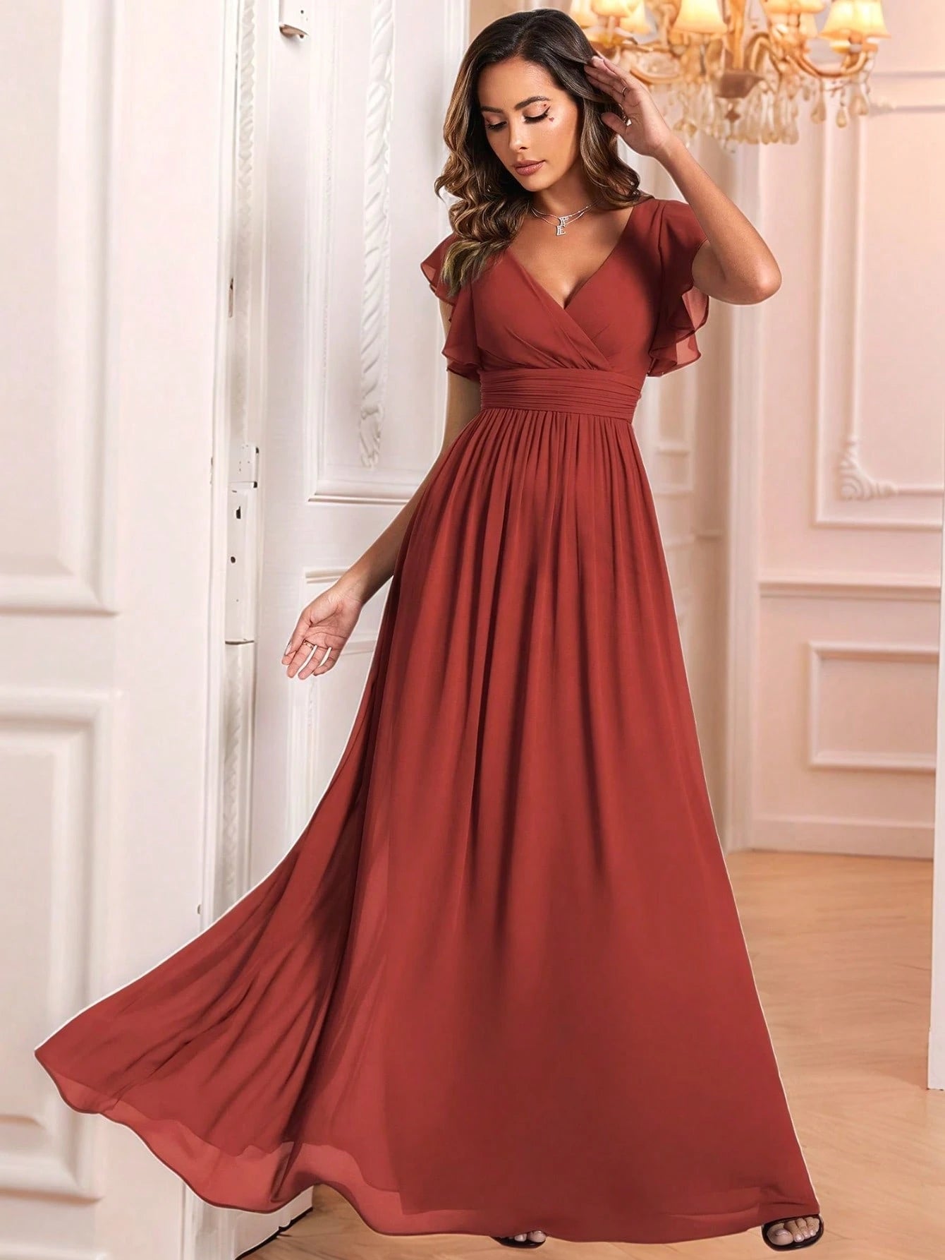 Asymmetric Ruffle Sleeve V-Neck Chiffon Green Bridesmaid Dress,