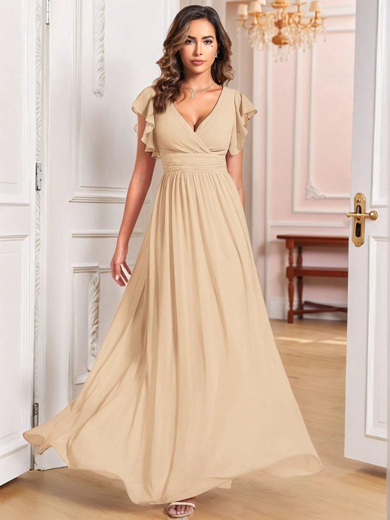 Asymmetric Ruffle Sleeve V-Neck Chiffon Green Bridesmaid Dress, Suitable For Weddings, Birthdays, Parties - image 7