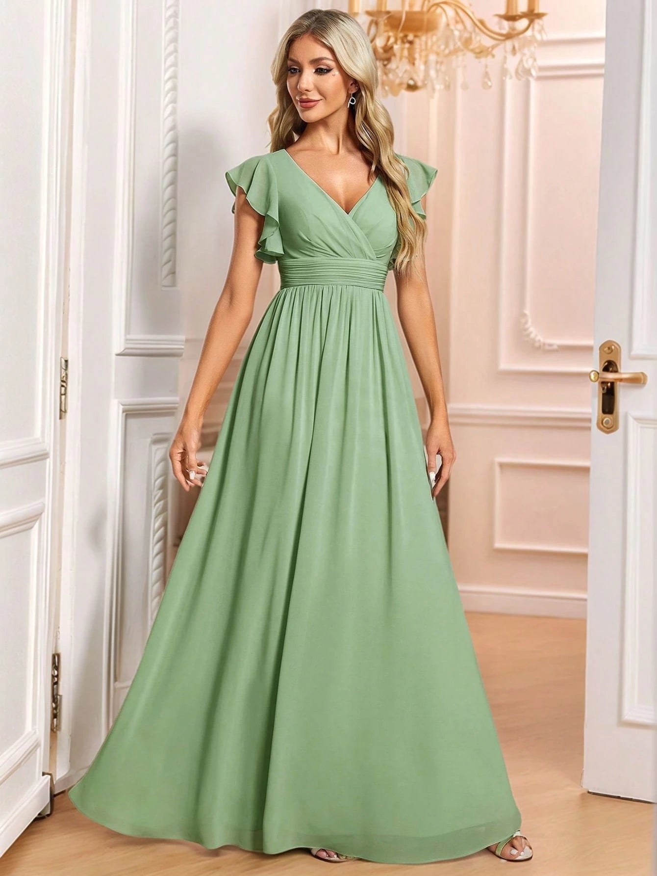 Asymmetric Ruffle Sleeve V-Neck Chiffon Green Bridesmaid Dress,