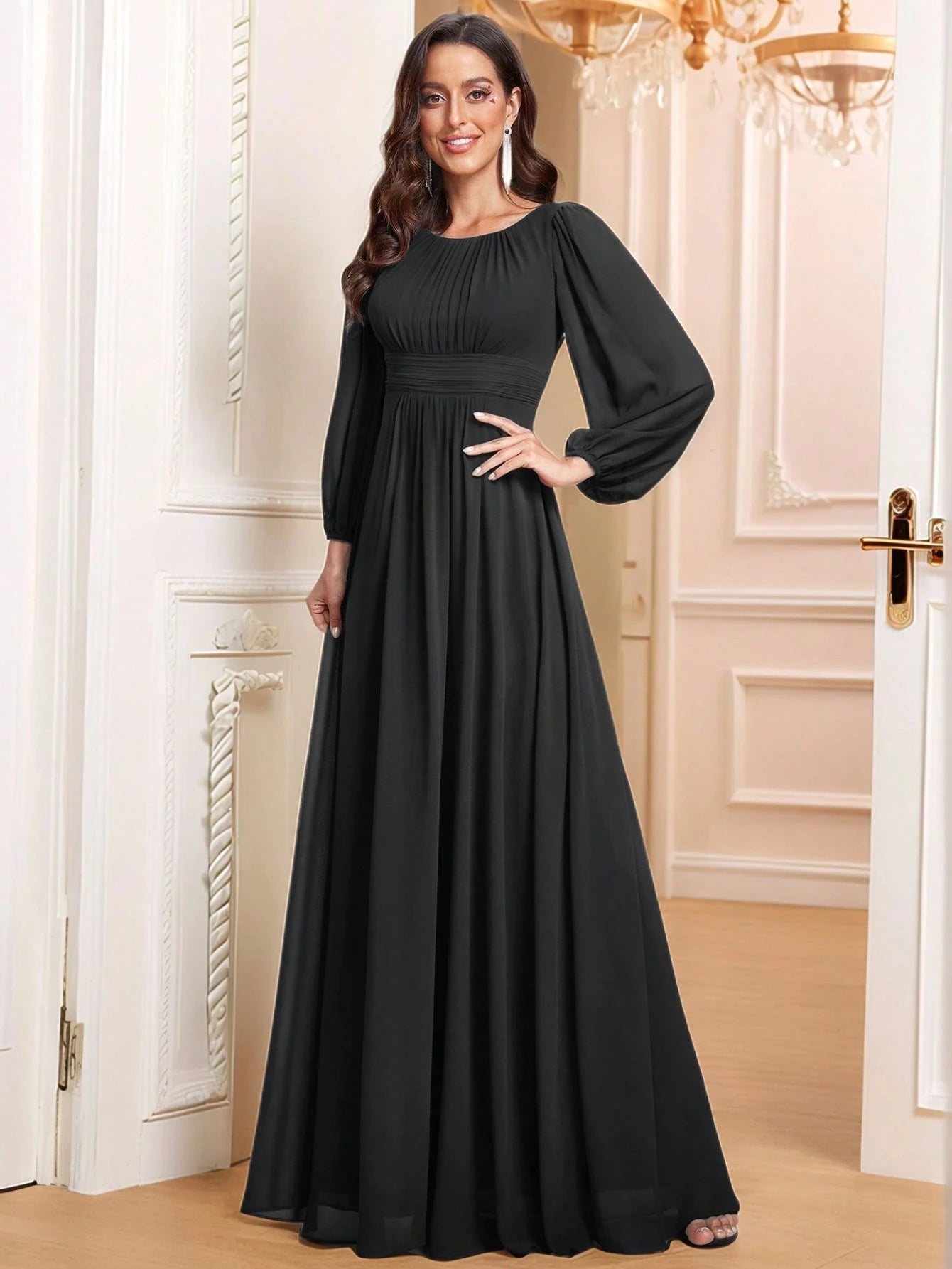 EVERPRETTY Elegant Autumn Special Occasion Chiffon Round Neck Lantern