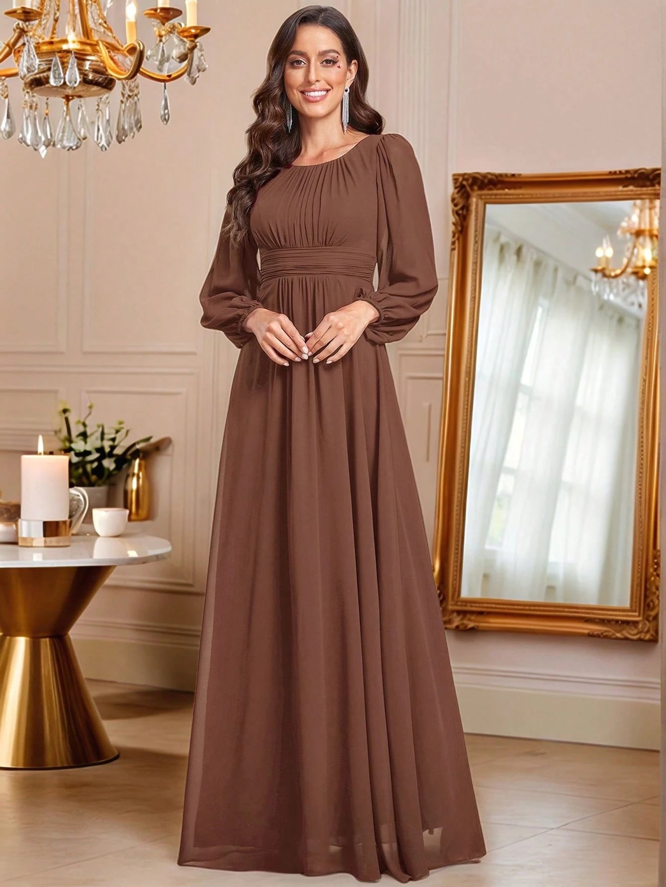 EVERPRETTY Elegant Autumn Special Occasion Chiffon Round Neck Lantern