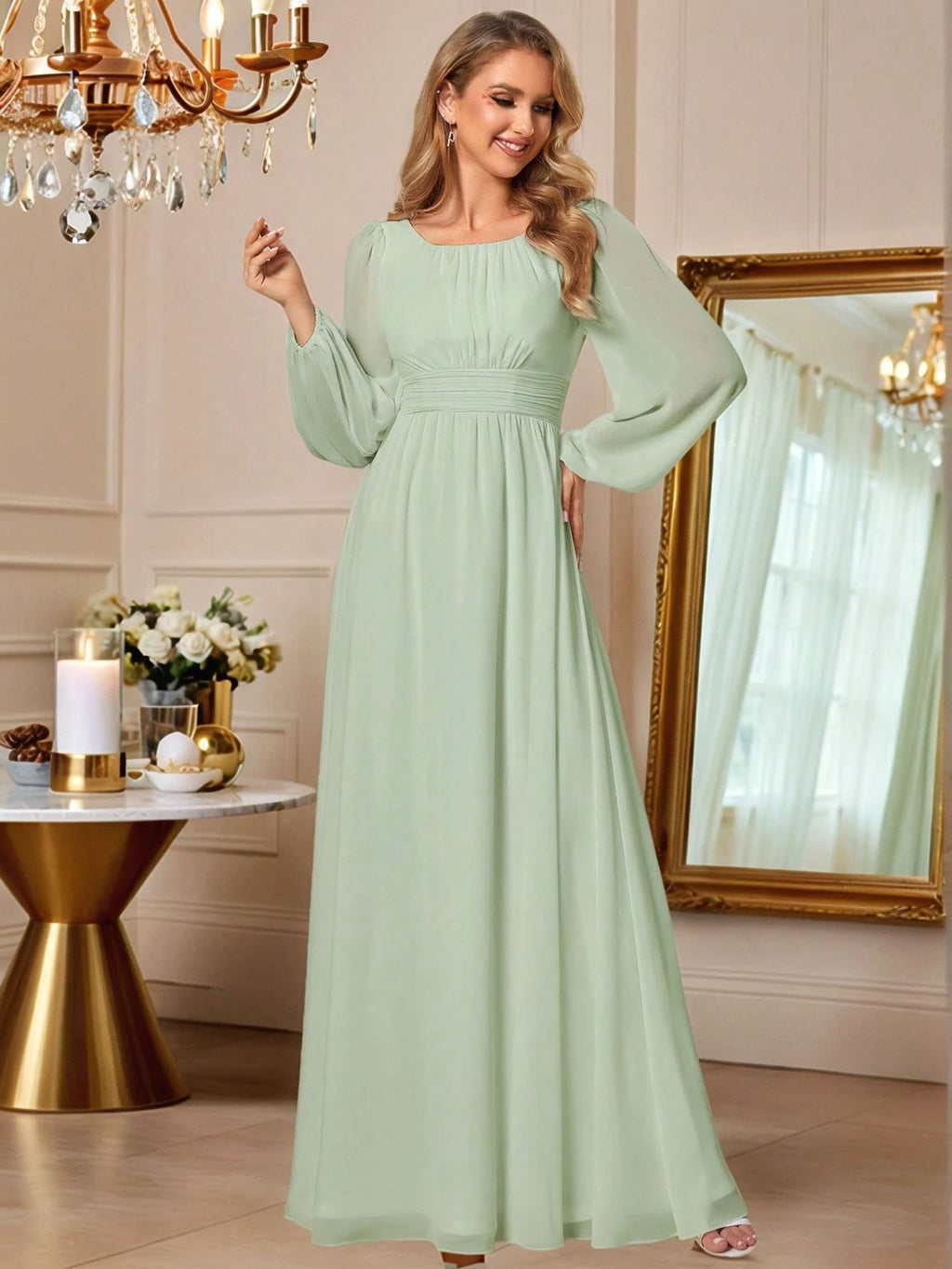 EVERPRETTY Elegant Autumn Special Occasion Chiffon Round Neck Lantern Sleeve Long Sleeve Bridesmaid Dress, - image 6