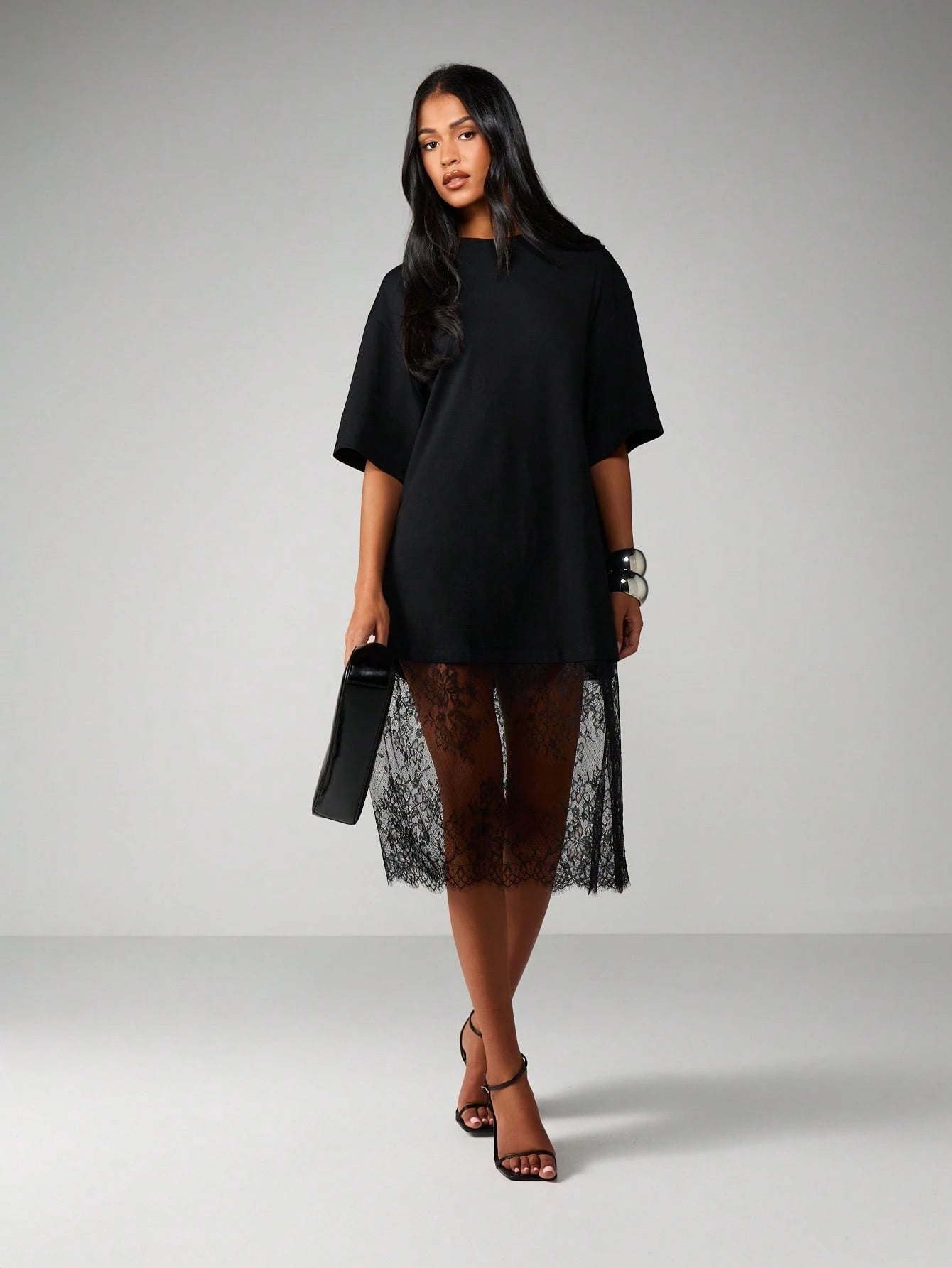 MISSGUIDED Oversized T-Shirt Style Midi Dress With Sheer Lace