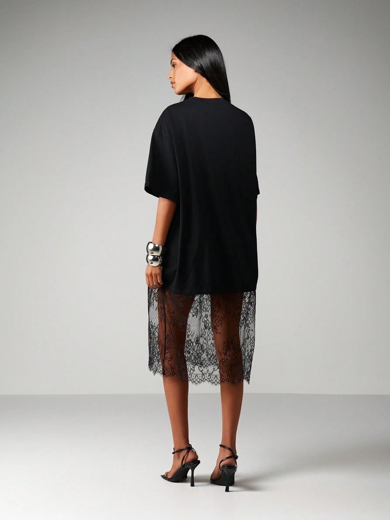 MISSGUIDED Oversized T-Shirt Style Midi Dress With Sheer Lace
