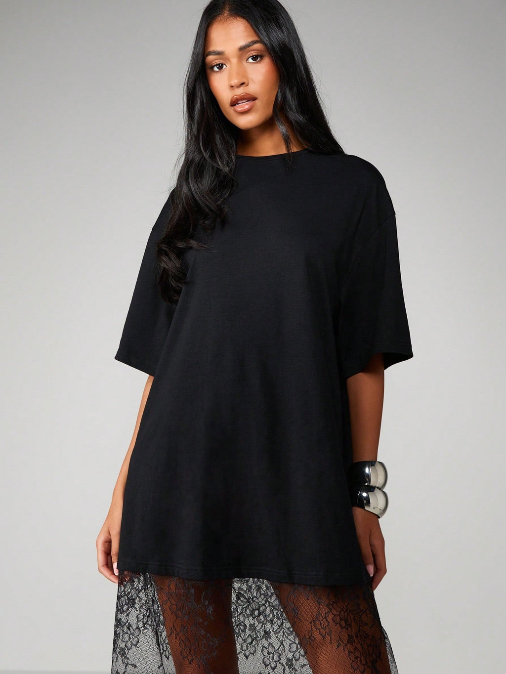 MISSGUIDED Oversized T-Shirt Style Midi Dress With Sheer Lace