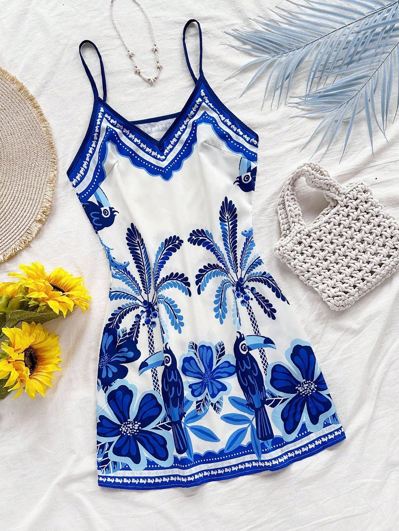 Soleia White And Blue Floral Summer Boho Holiday Vacation Holiday Beach Wedding Guest Dress,Tropical Print - image 8