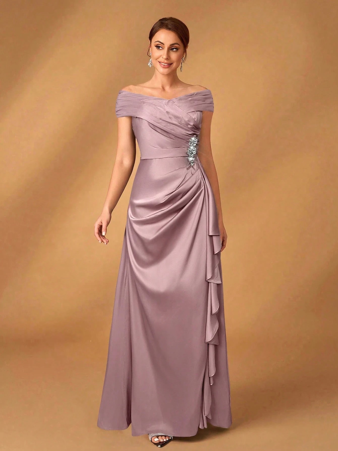 Serin Elegant Satin Off Shoulder Pleated A-Line Asymmetric Ruffle Hem Dress, Suitable For Evening Party, - image 18