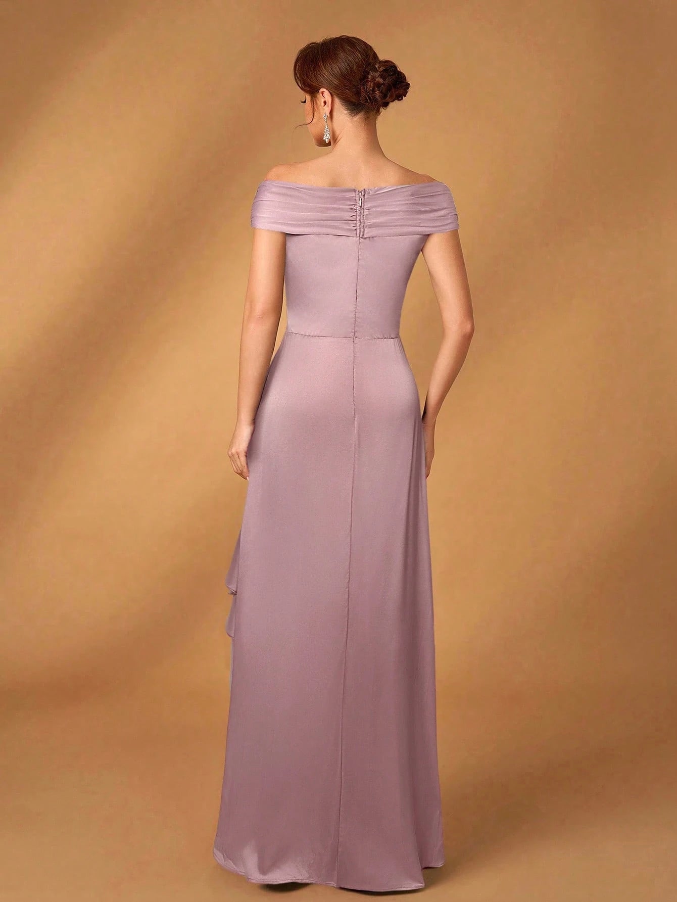 Serin Elegant Satin Off Shoulder Pleated A-Line Asymmetric Ruffle Hem Dress, Suitable For Evening Party, - image 19