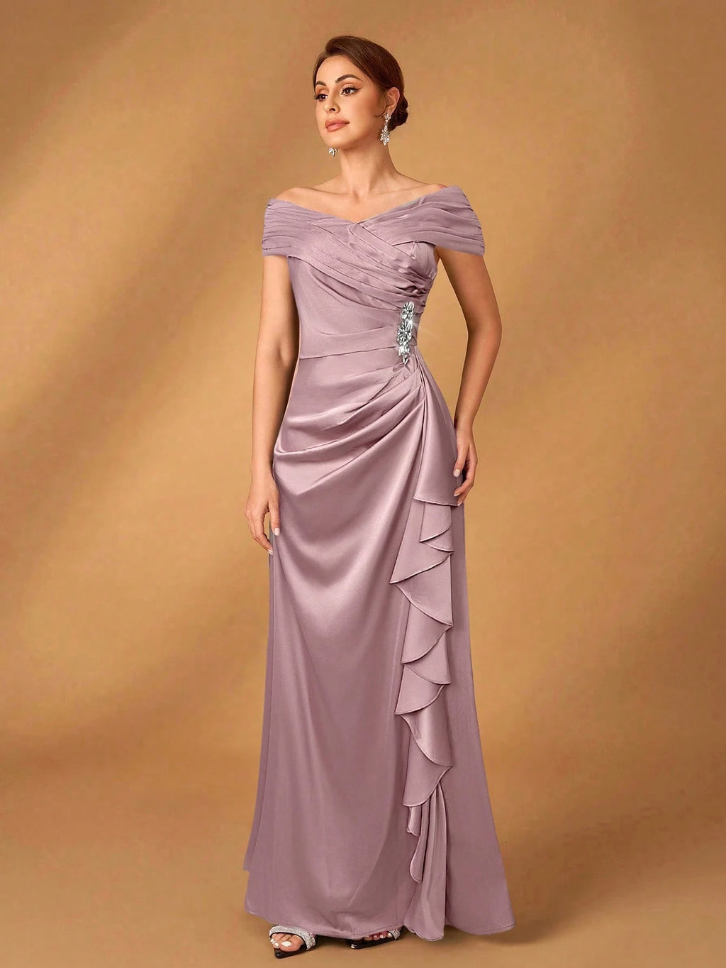 Serin Elegant Satin Off Shoulder Pleated A-Line Asymmetric Ruffle Hem Dress, Suitable For Evening Party, - image 20