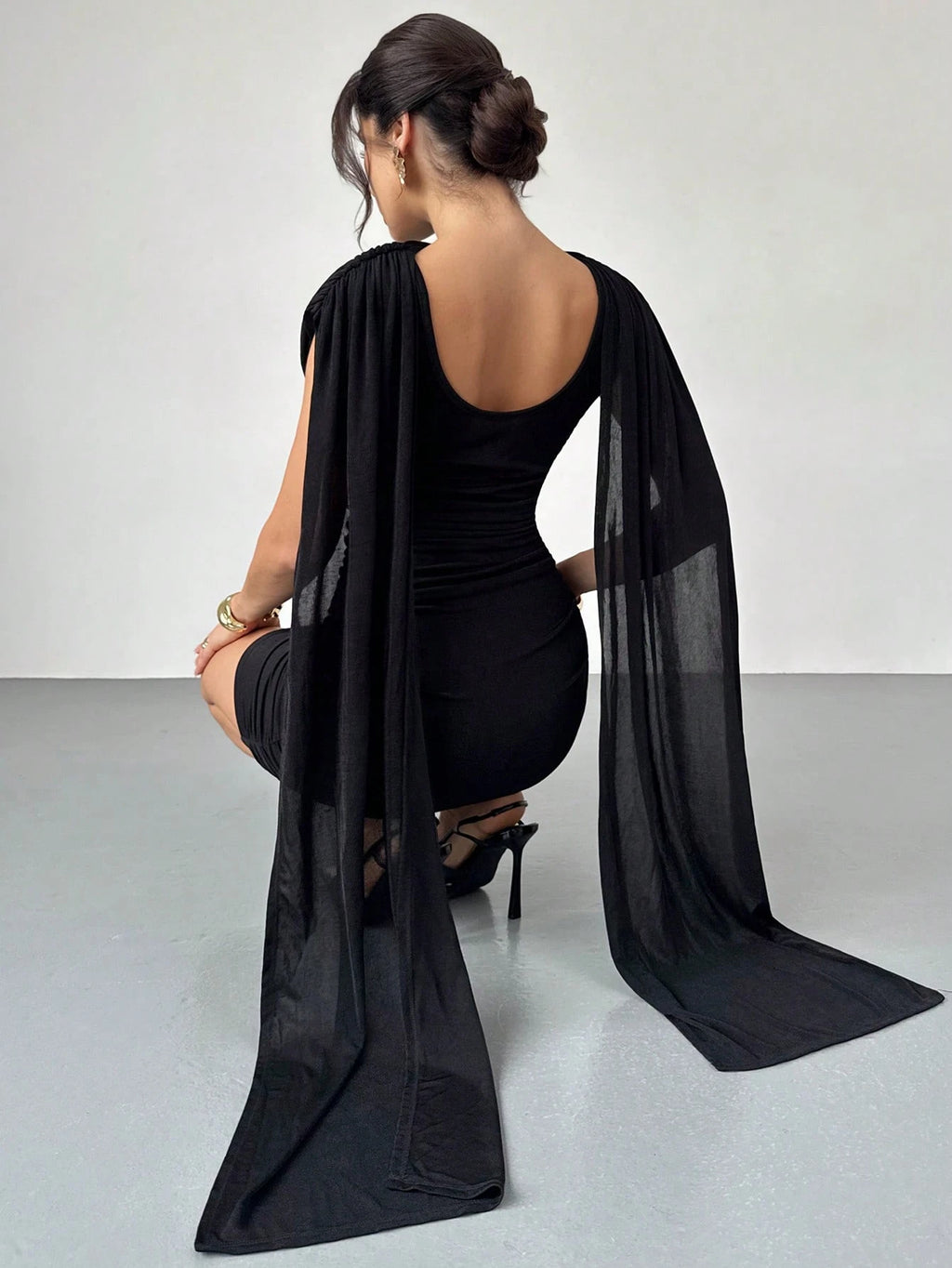 Firerie Women's Elegant Dark Brown Cowl Neck Ruched Bodycon