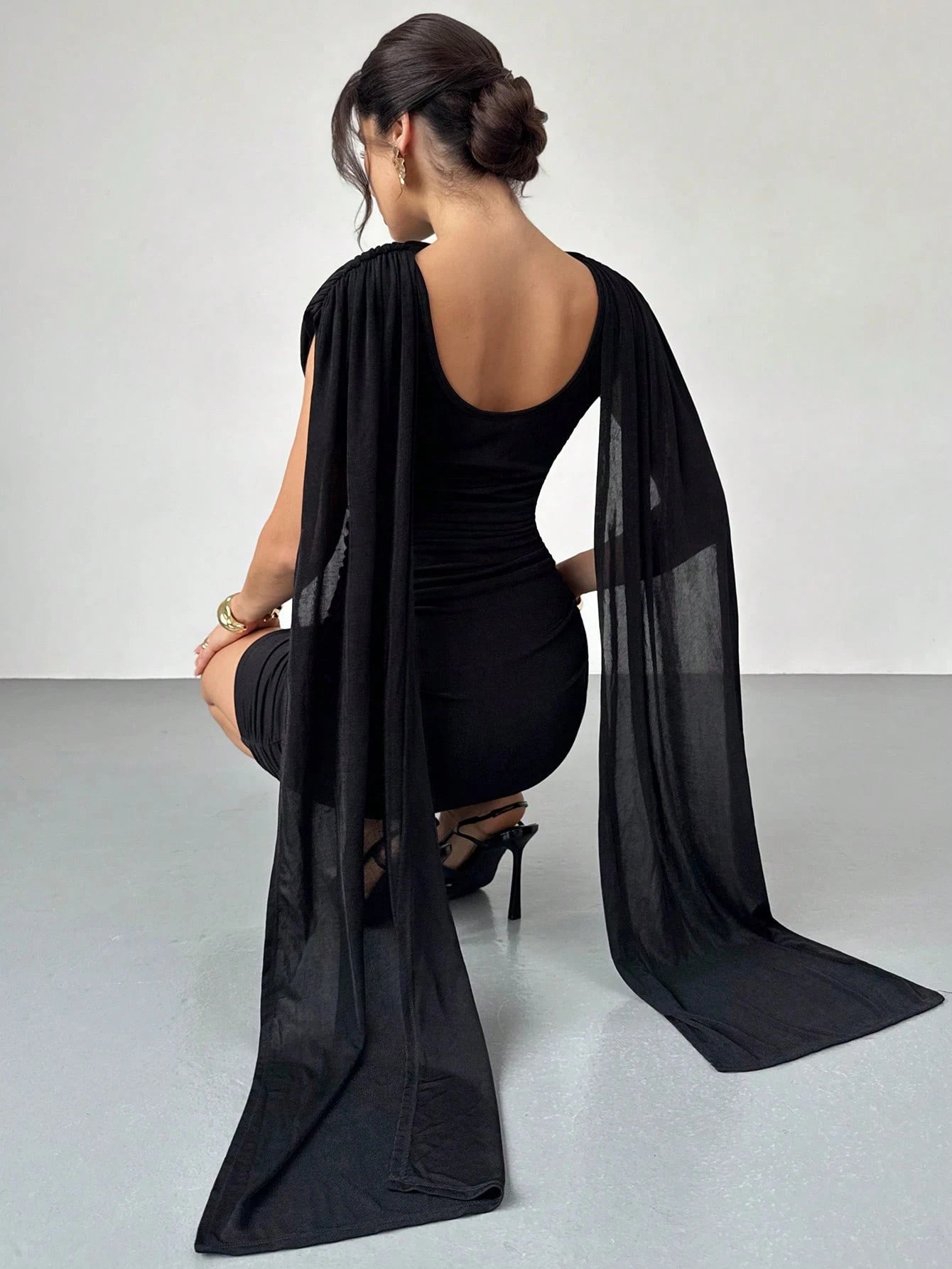 Firerie Women's Elegant Dark Brown Cowl Neck Ruched Bodycon