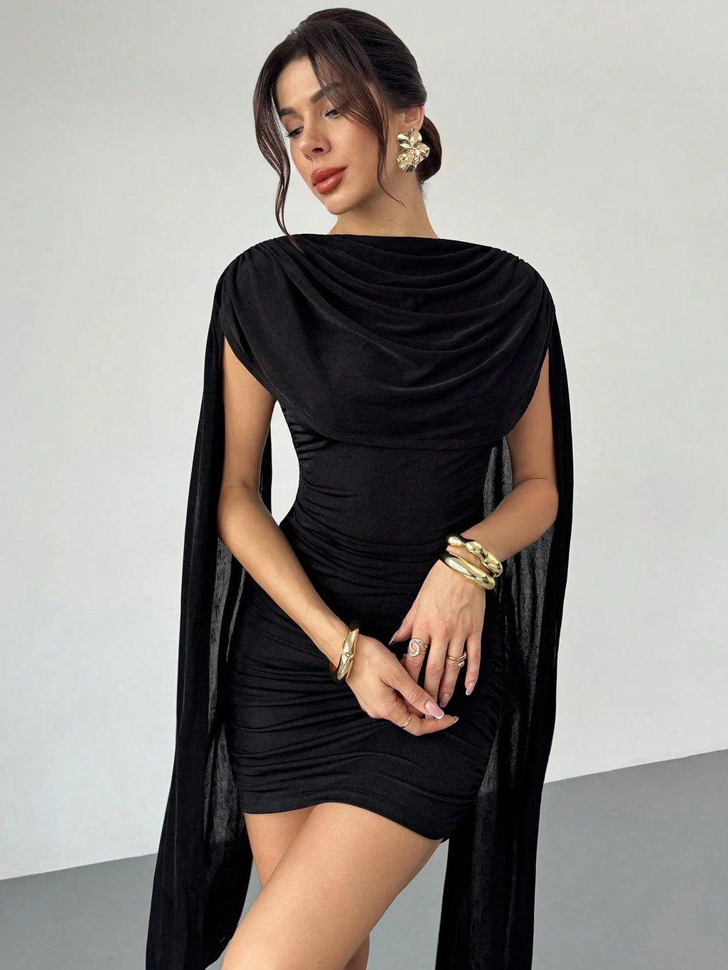 Firerie Women's Elegant Dark Brown Cowl Neck Ruched Bodycon