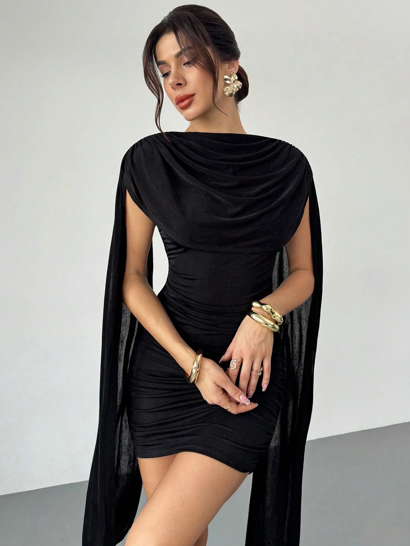 Firerie Women's Elegant Dark Brown Cowl Neck Ruched Bodycon