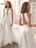 Elegant Sexy Embroidered Applique Open Back Halter Jumpsuit For Wedding, Valentine's Day Spring White