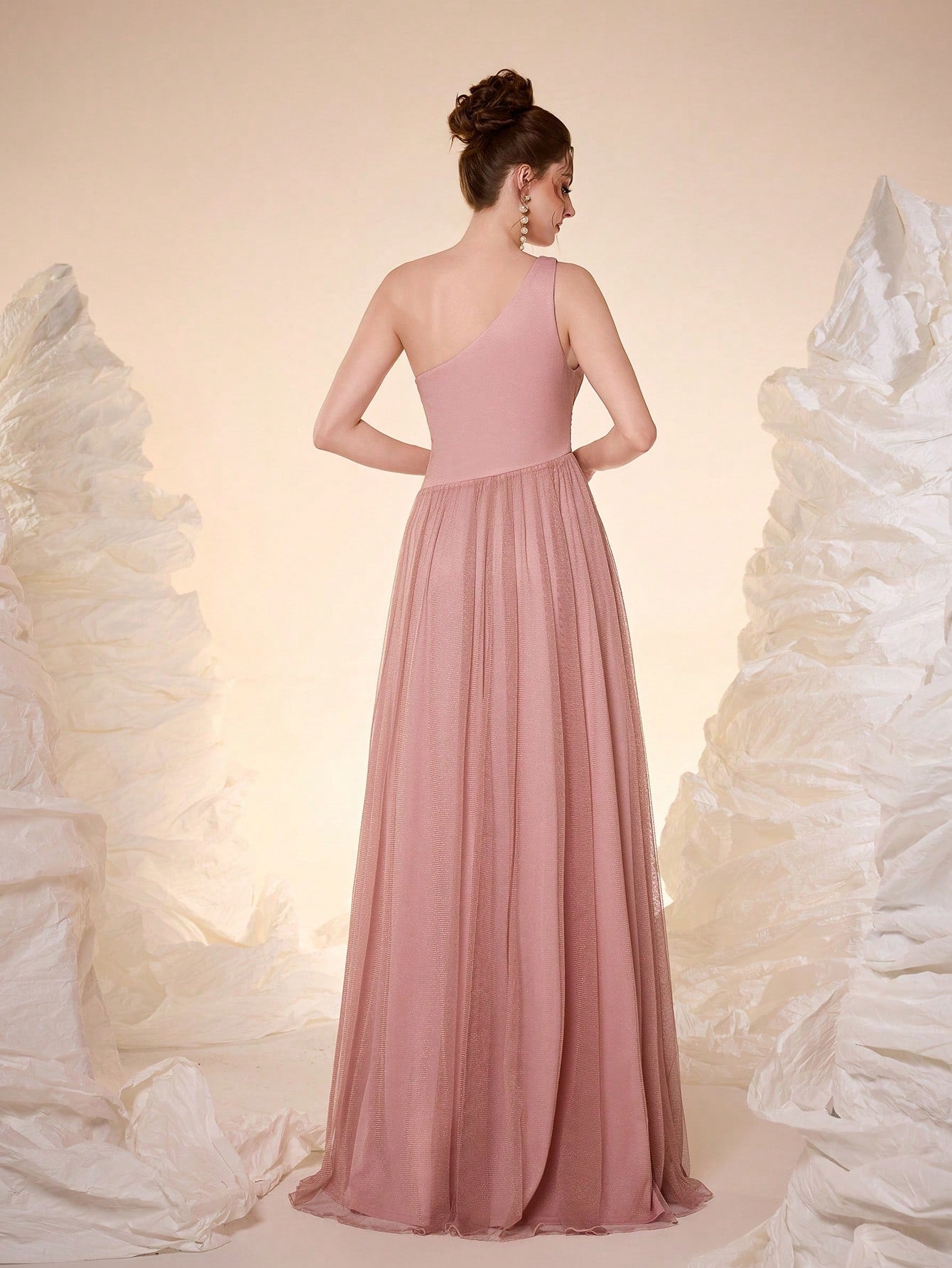 Elegant Dusty Rose One Shoulder Cutout Waist Glitter Tulle Maxi Dress, High Slit Pleated A Line Formal - image 12
