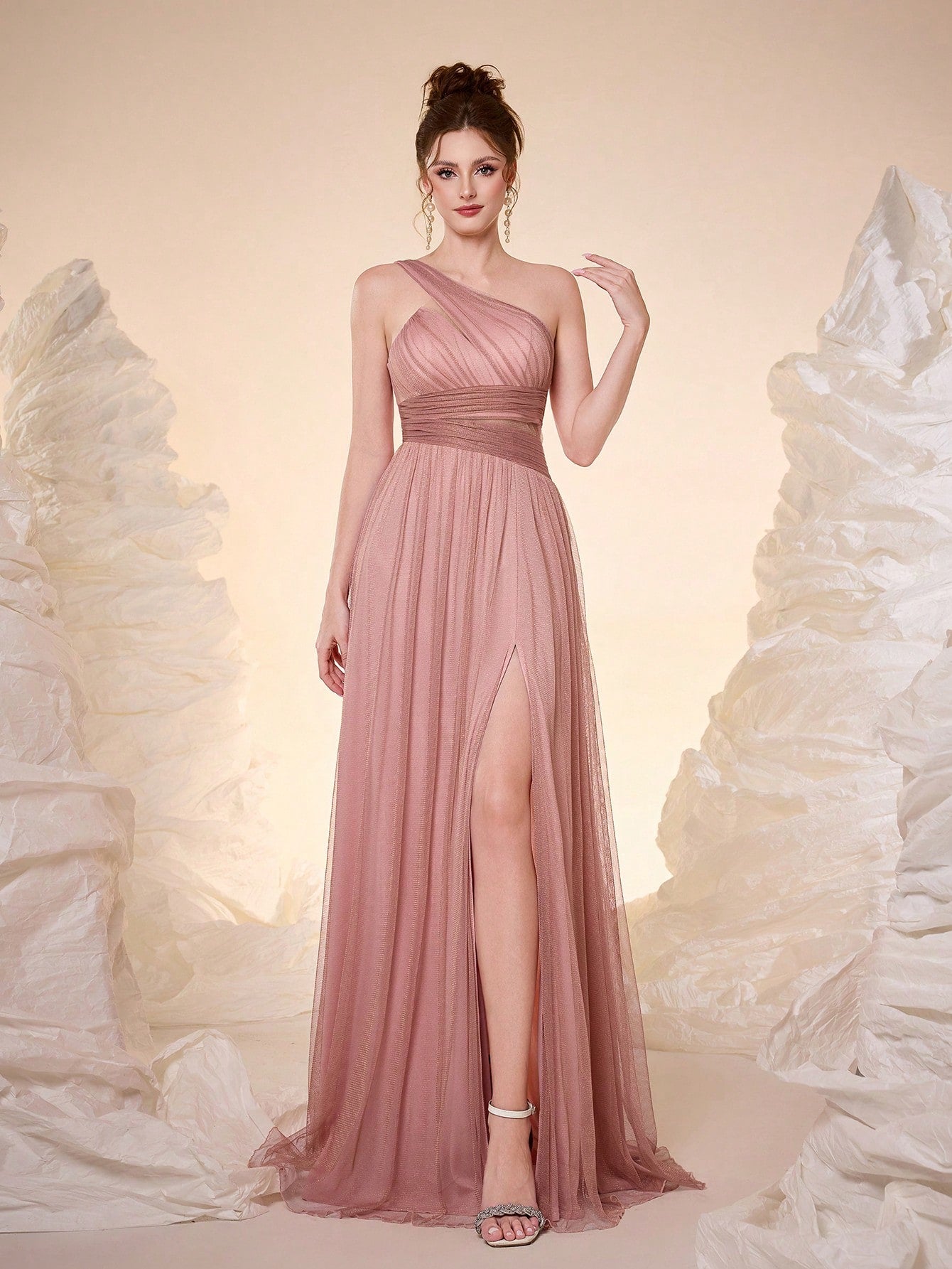 Elegant Dusty Rose One Shoulder Cutout Waist Glitter Tulle Maxi Dress, High Slit Pleated A Line Formal - image 11