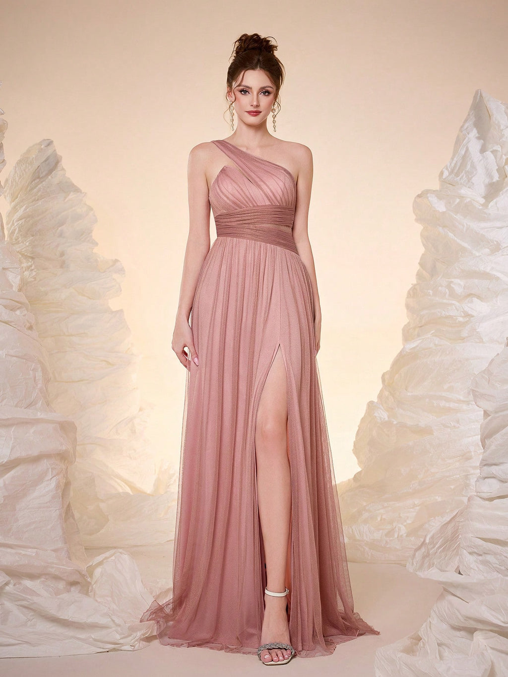 Elegant Dusty Rose One Shoulder Cutout Waist Glitter Tulle Maxi Dress, High Slit Pleated A Line Formal - image 13