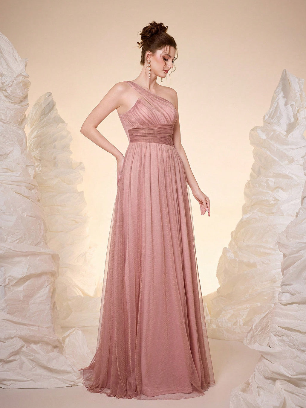 Elegant Dusty Rose One Shoulder Cutout Waist Glitter Tulle Maxi Dress, High Slit Pleated A Line Formal - image 15