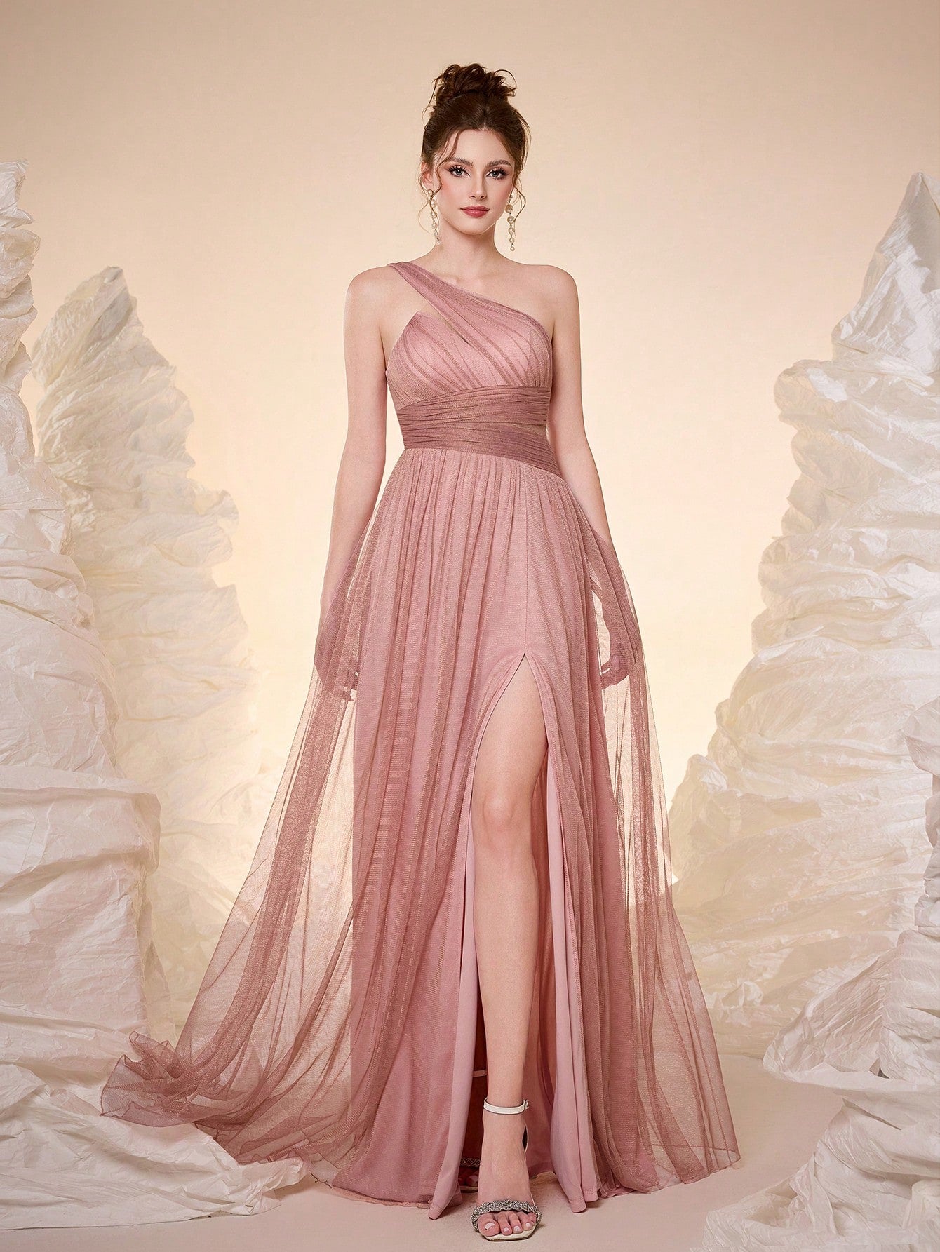 Elegant Dusty Rose One Shoulder Cutout Waist Glitter Tulle Maxi Dress, High Slit Pleated A Line Formal - image 14