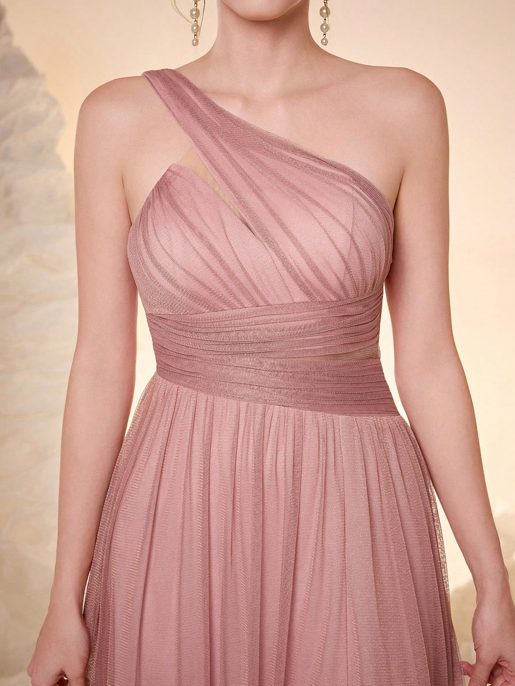 Elegant Dusty Rose One Shoulder Cutout Waist Glitter Tulle Maxi Dress, High Slit Pleated A Line Formal - image 16