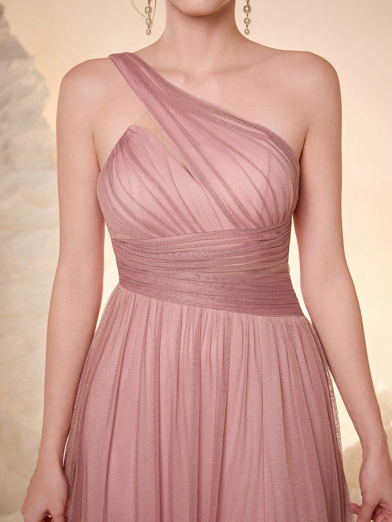 Elegant Dusty Rose One Shoulder Cutout Waist Glitter Tulle Maxi Dress, High Slit Pleated A Line Formal - image 16