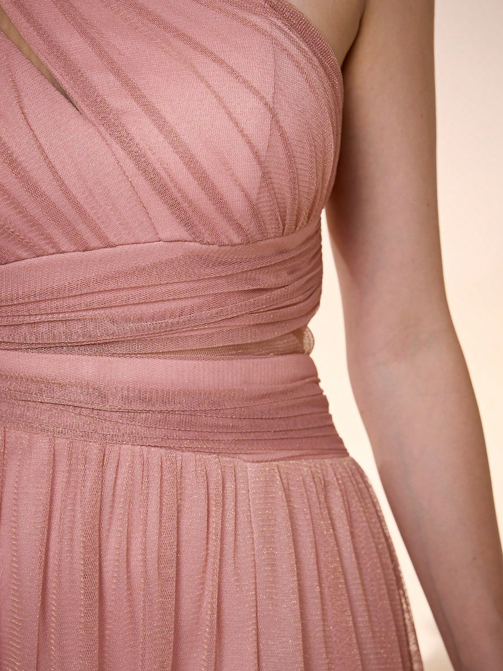 Elegant Dusty Rose One Shoulder Cutout Waist Glitter Tulle Maxi Dress, High Slit Pleated A Line Formal - image 18