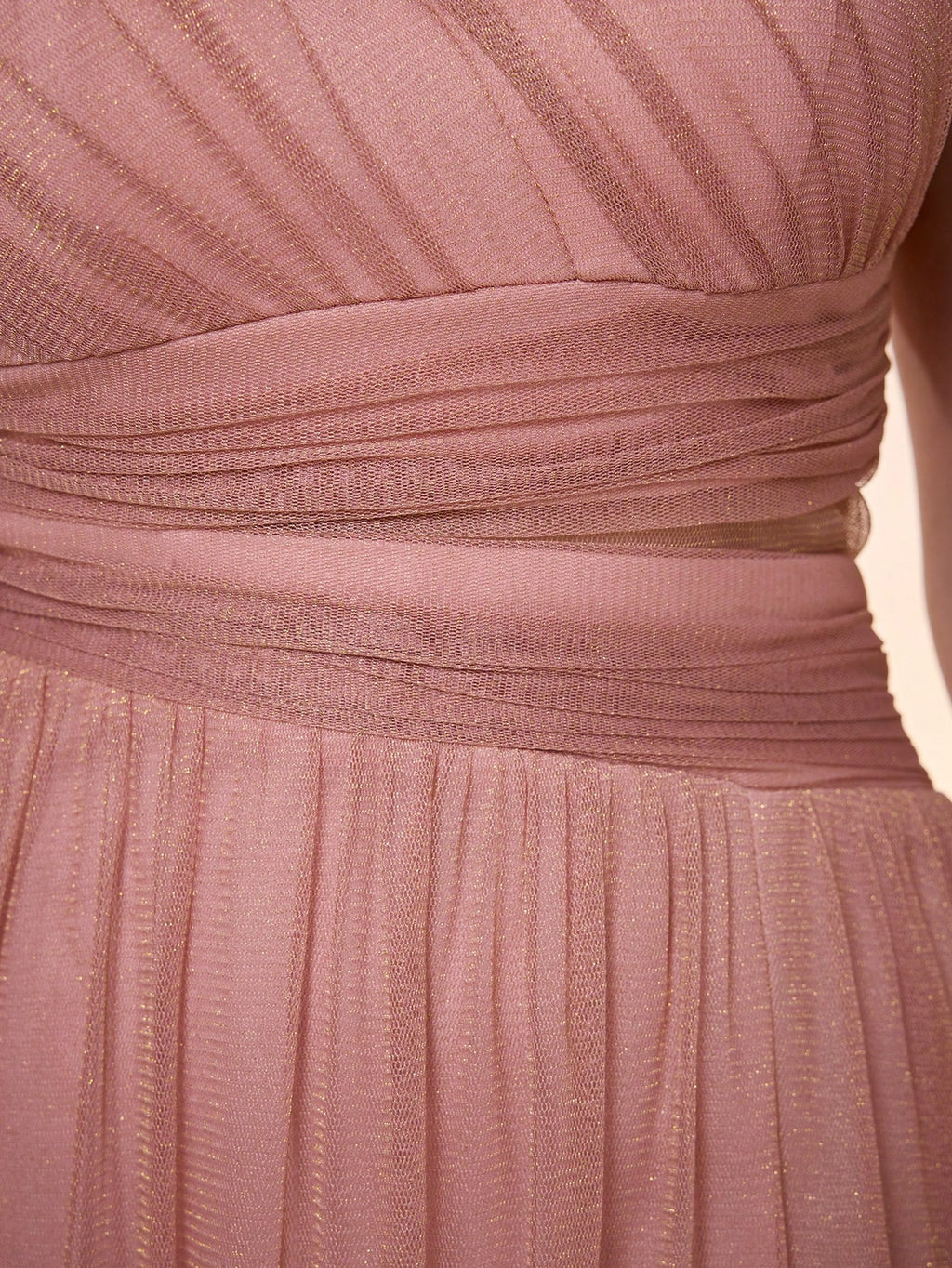 Elegant Dusty Rose One Shoulder Cutout Waist Glitter Tulle Maxi Dress, High Slit Pleated A Line Formal - image 19