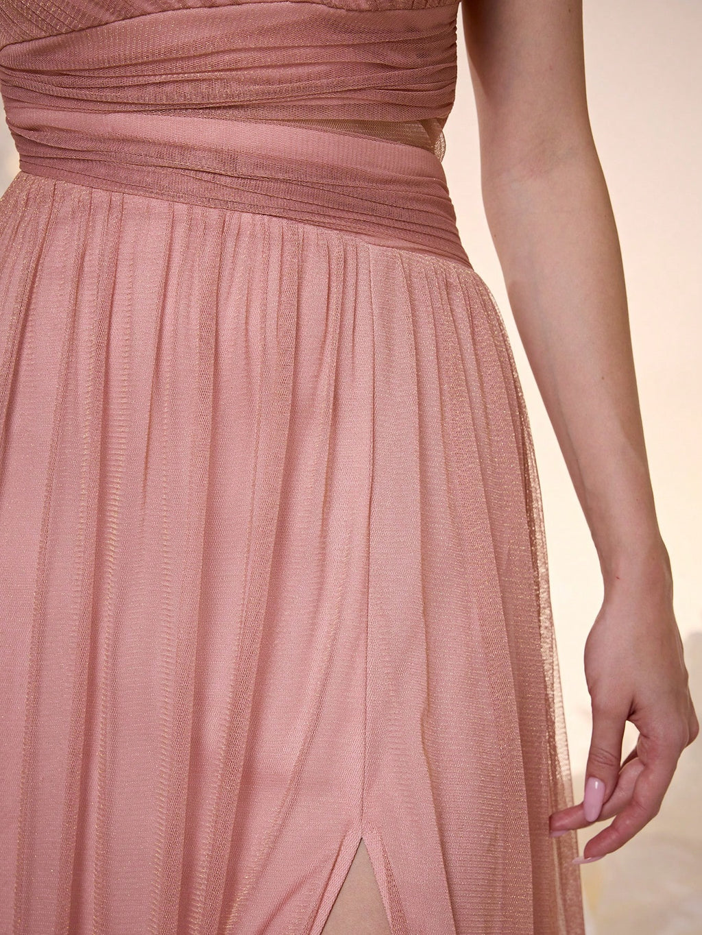 Elegant Dusty Rose One Shoulder Cutout Waist Glitter Tulle Maxi Dress, High Slit Pleated A Line Formal - image 20