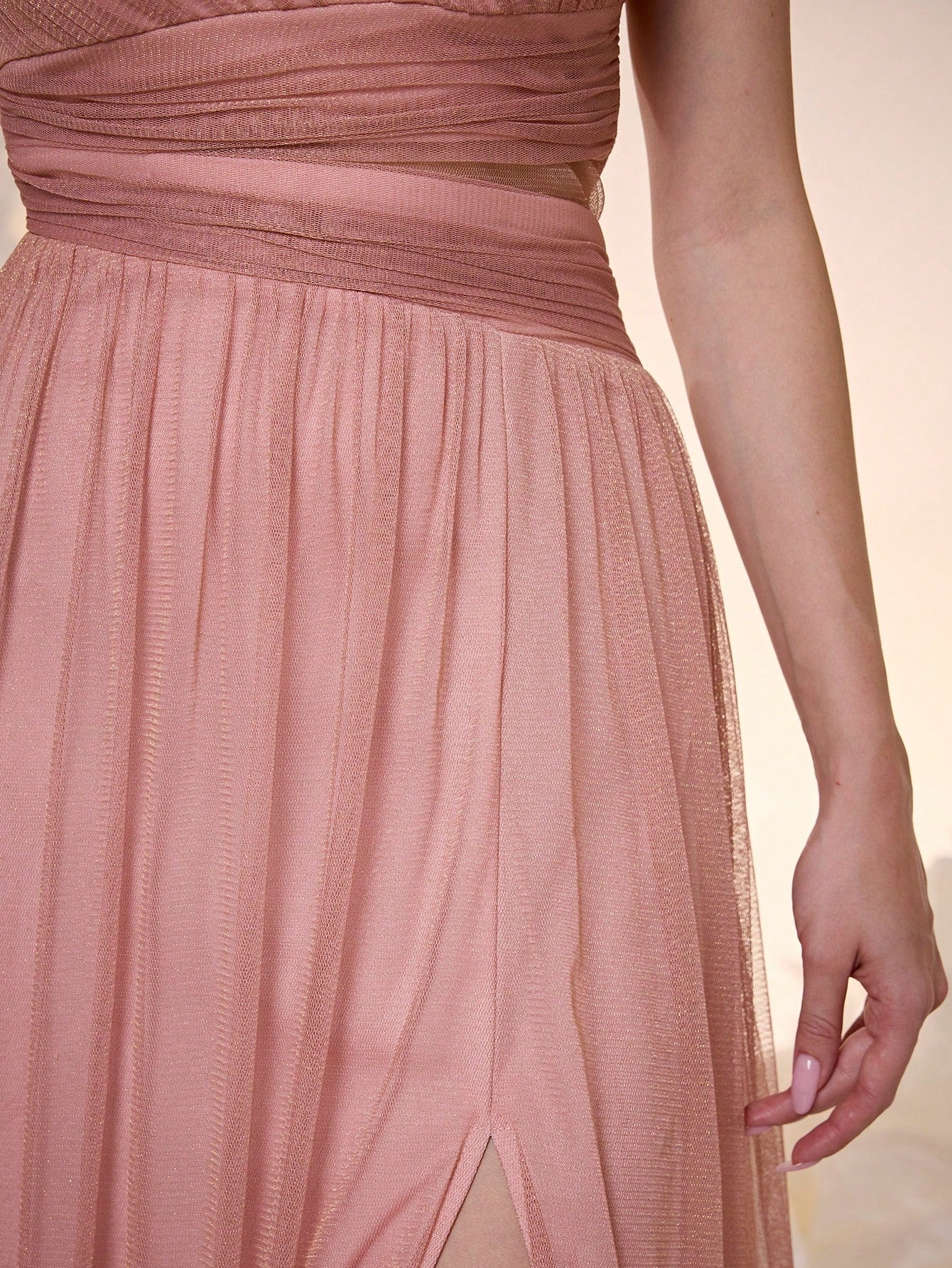 Elegant Dusty Rose One Shoulder Cutout Waist Glitter Tulle Maxi Dress, High Slit Pleated A Line Formal - image 20