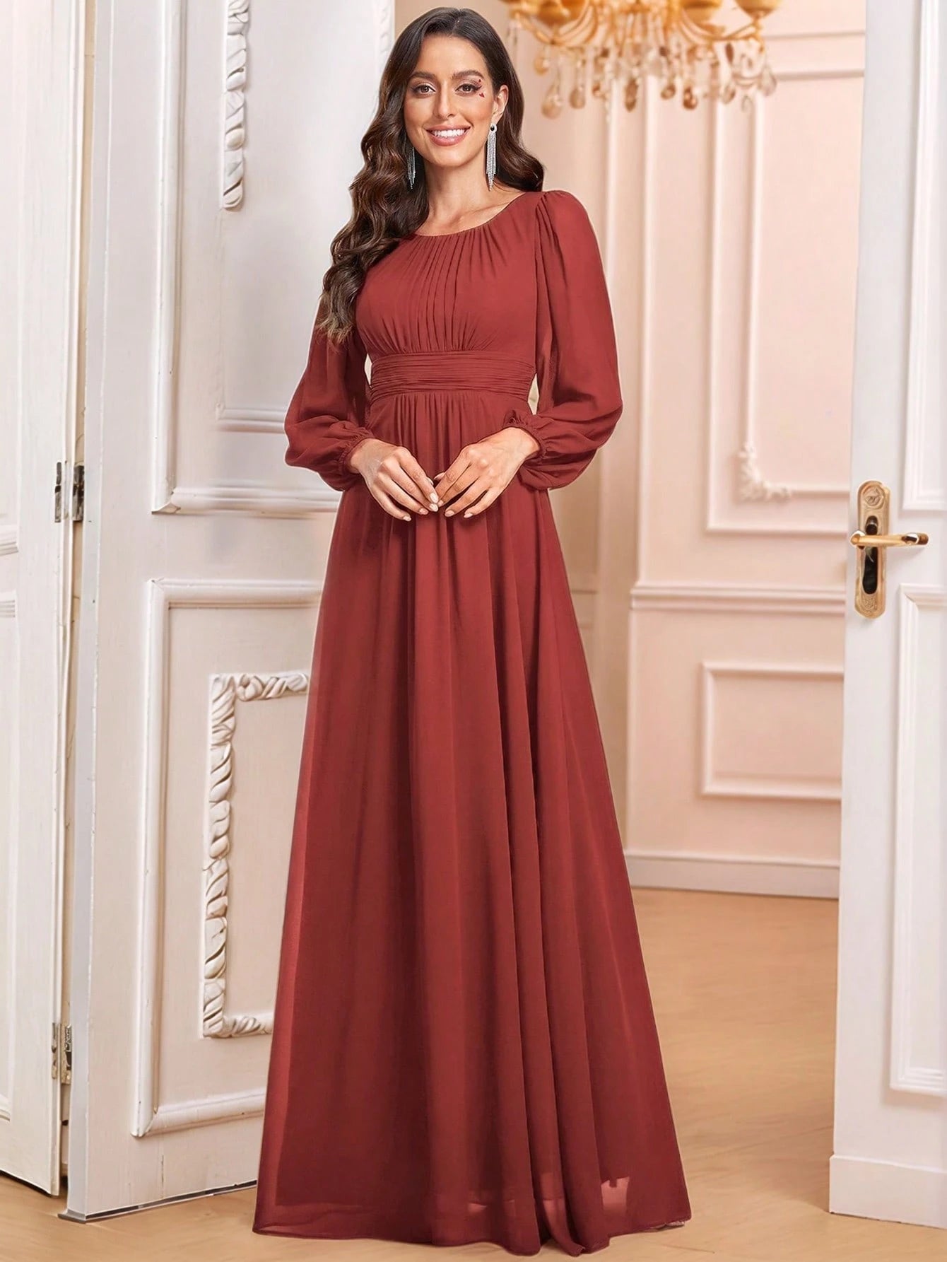 EVERPRETTY Elegant Autumn Special Occasion Chiffon Round Neck Lantern