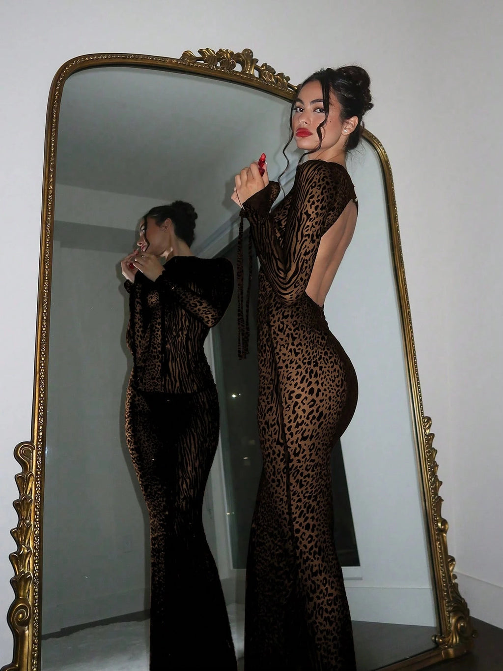 Sexy Fashionable Leopard Print Elegant Long Sleeve Dress Casual Black
