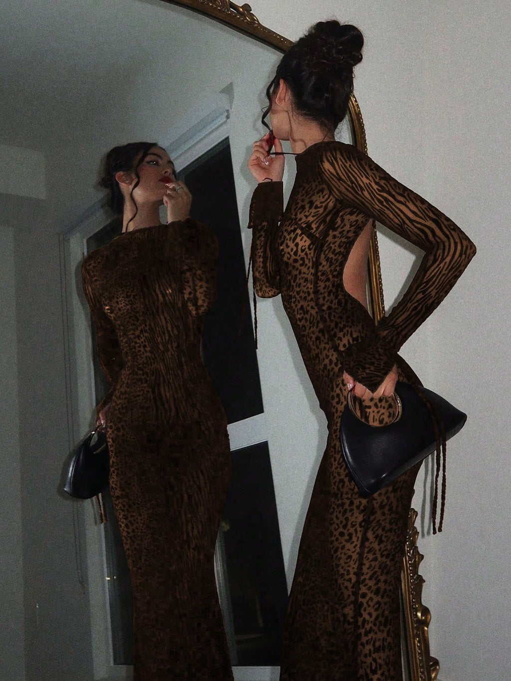 Sexy Fashionable Leopard Print Elegant Long Sleeve Dress Casual Black