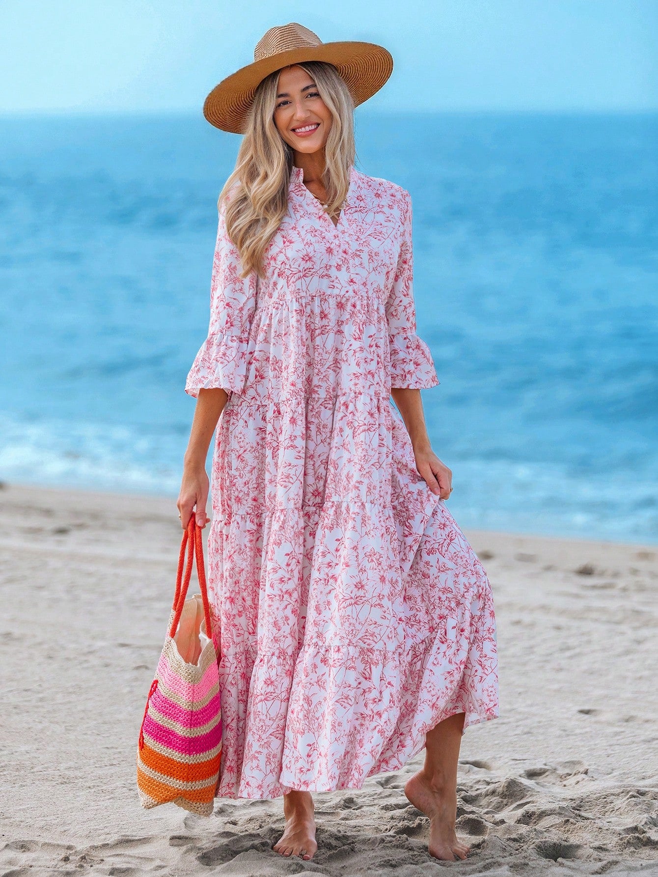 Sylviya Casual Tropical Boho Floral Pattern V-Neck Long Sleeve Pleated Dress For Women, Suitable For Autumn, - image 6