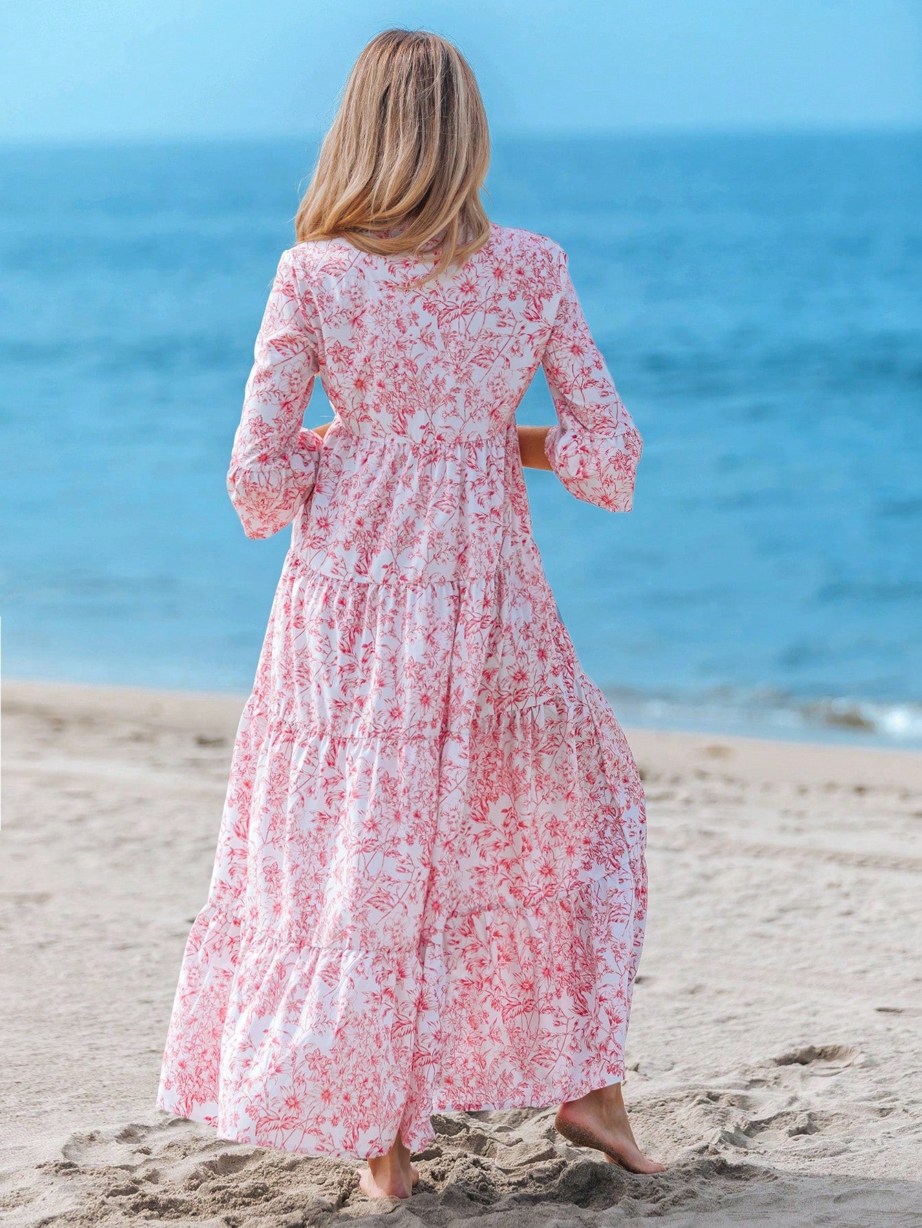Sylviya Casual Tropical Boho Floral Pattern V-Neck Long Sleeve