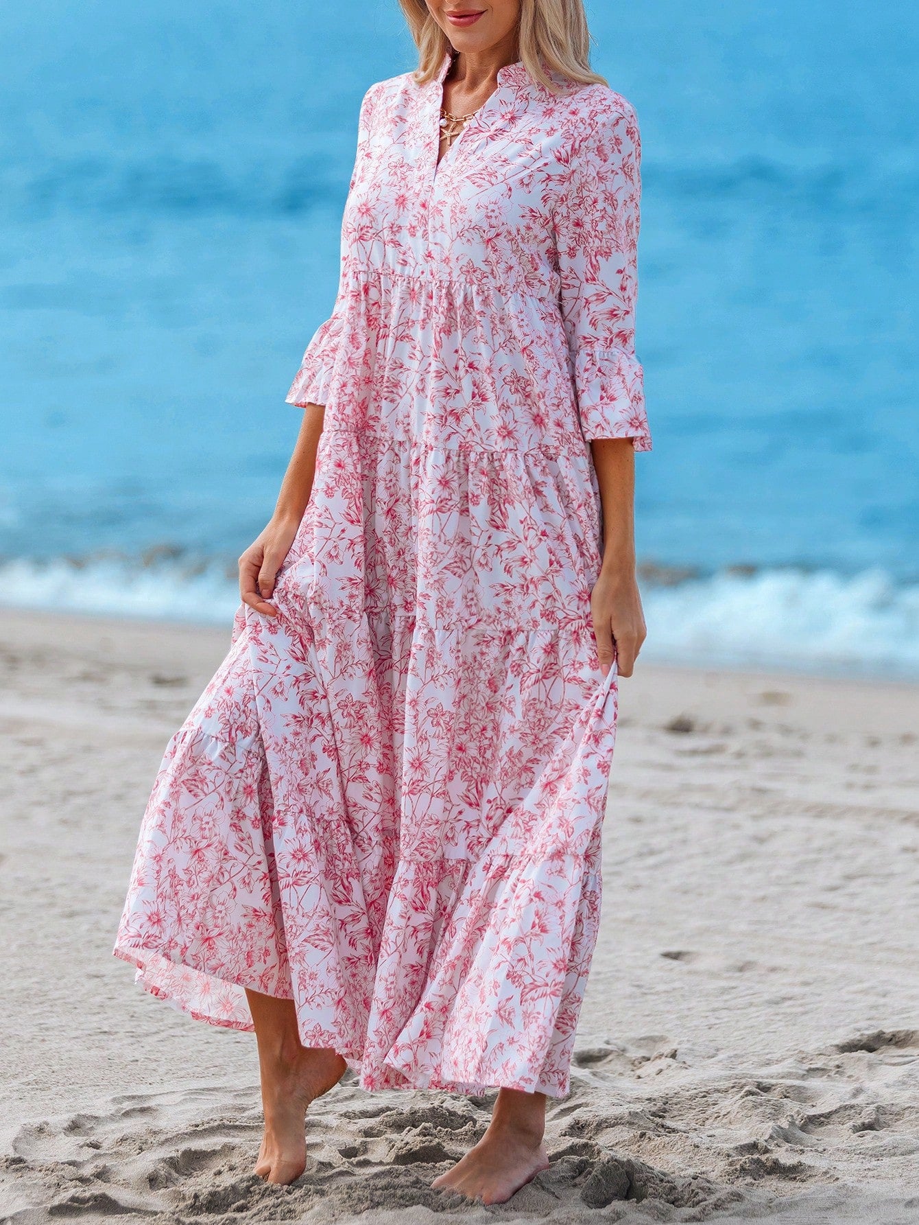 Sylviya Casual Tropical Boho Floral Pattern V-Neck Long Sleeve