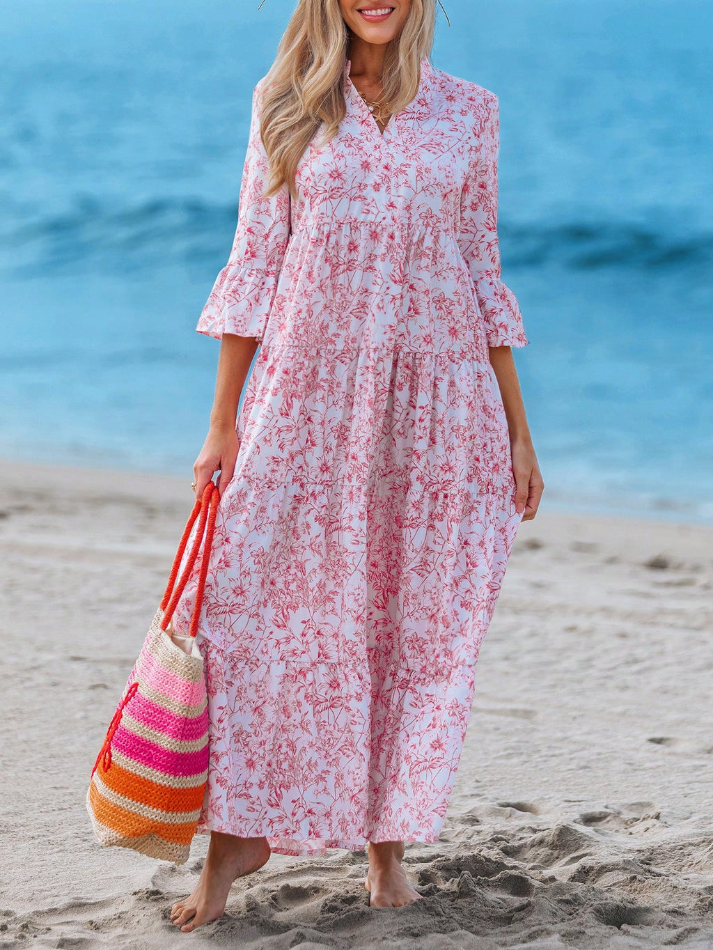 Sylviya Casual Tropical Boho Floral Pattern V-Neck Long Sleeve