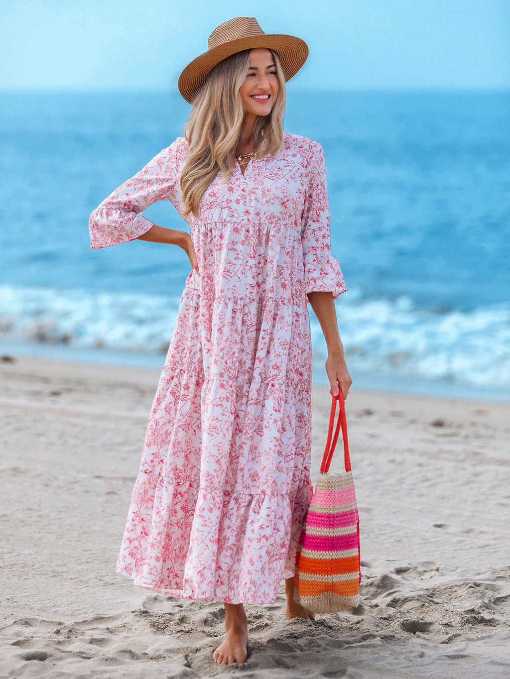 Sylviya Casual Tropical Boho Floral Pattern V-Neck Long Sleeve