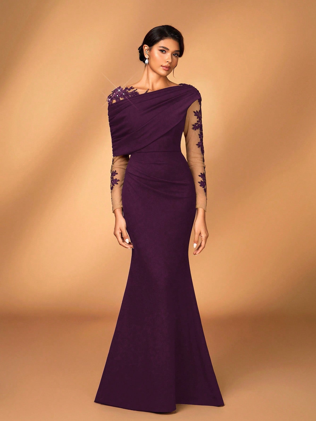 Serin Elegant Burgundy Summer Elastic Knit Contrast Mesh Asymmetric