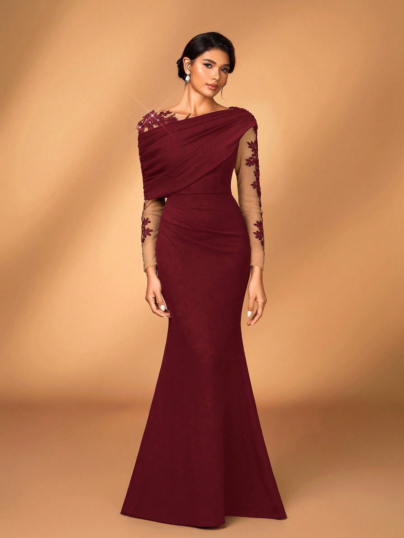 Serin Elegant Burgundy Summer Elastic Knit Contrast Mesh Asymmetric Shoulder Mermaid Hem Dress,Suitable For - image 18