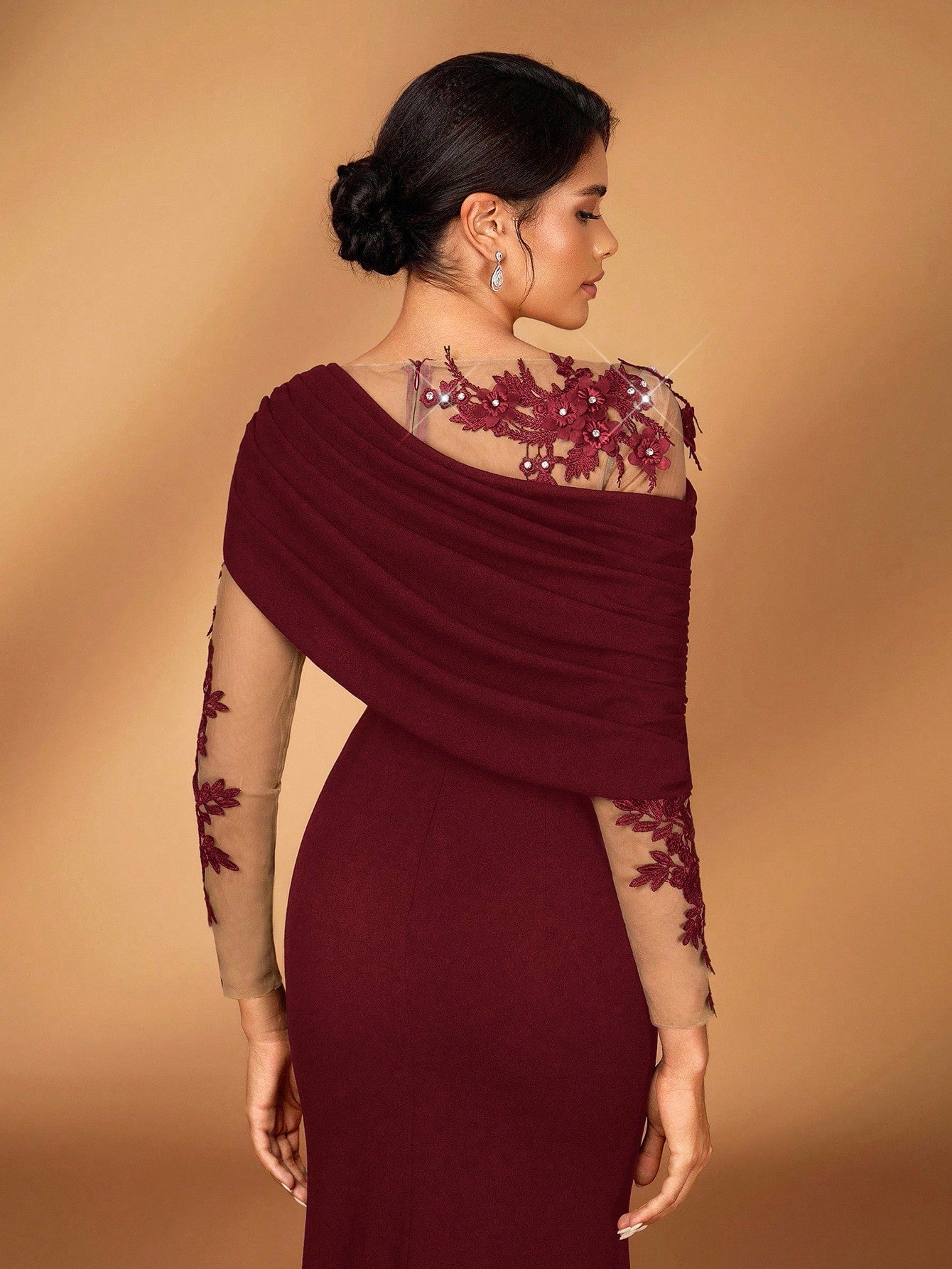 Serin Elegant Burgundy Summer Elastic Knit Contrast Mesh Asymmetric Shoulder Mermaid Hem Dress,Suitable For - image 19