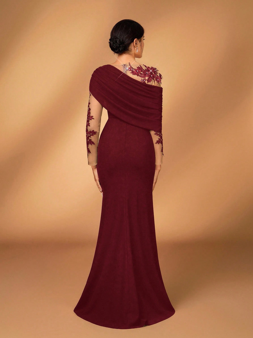 Serin Elegant Burgundy Summer Elastic Knit Contrast Mesh Asymmetric Shoulder Mermaid Hem Dress,Suitable For - image 20