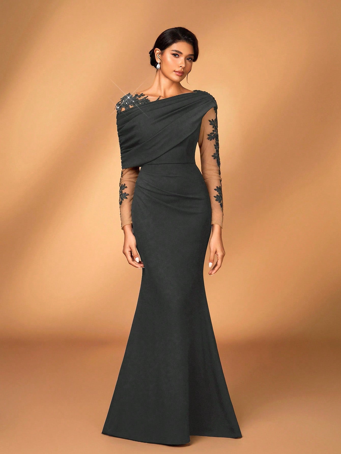 Serin Elegant Burgundy Summer Elastic Knit Contrast Mesh Asymmetric Shoulder Mermaid Hem Dress,Suitable For - image 15