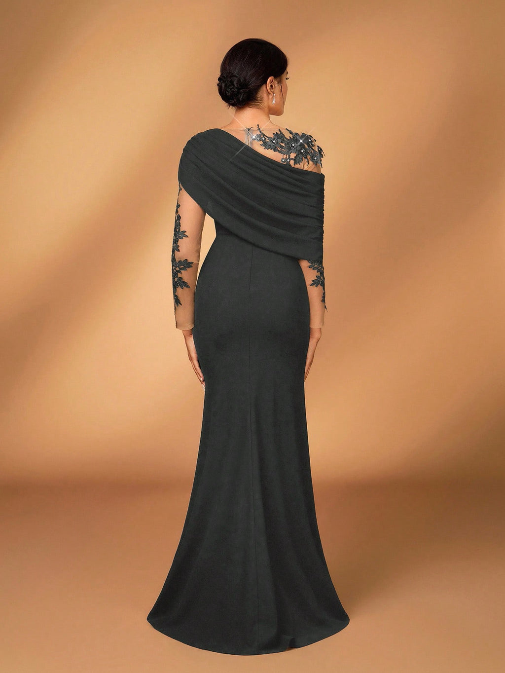Serin Elegant Burgundy Summer Elastic Knit Contrast Mesh Asymmetric Shoulder Mermaid Hem Dress,Suitable For - image 17