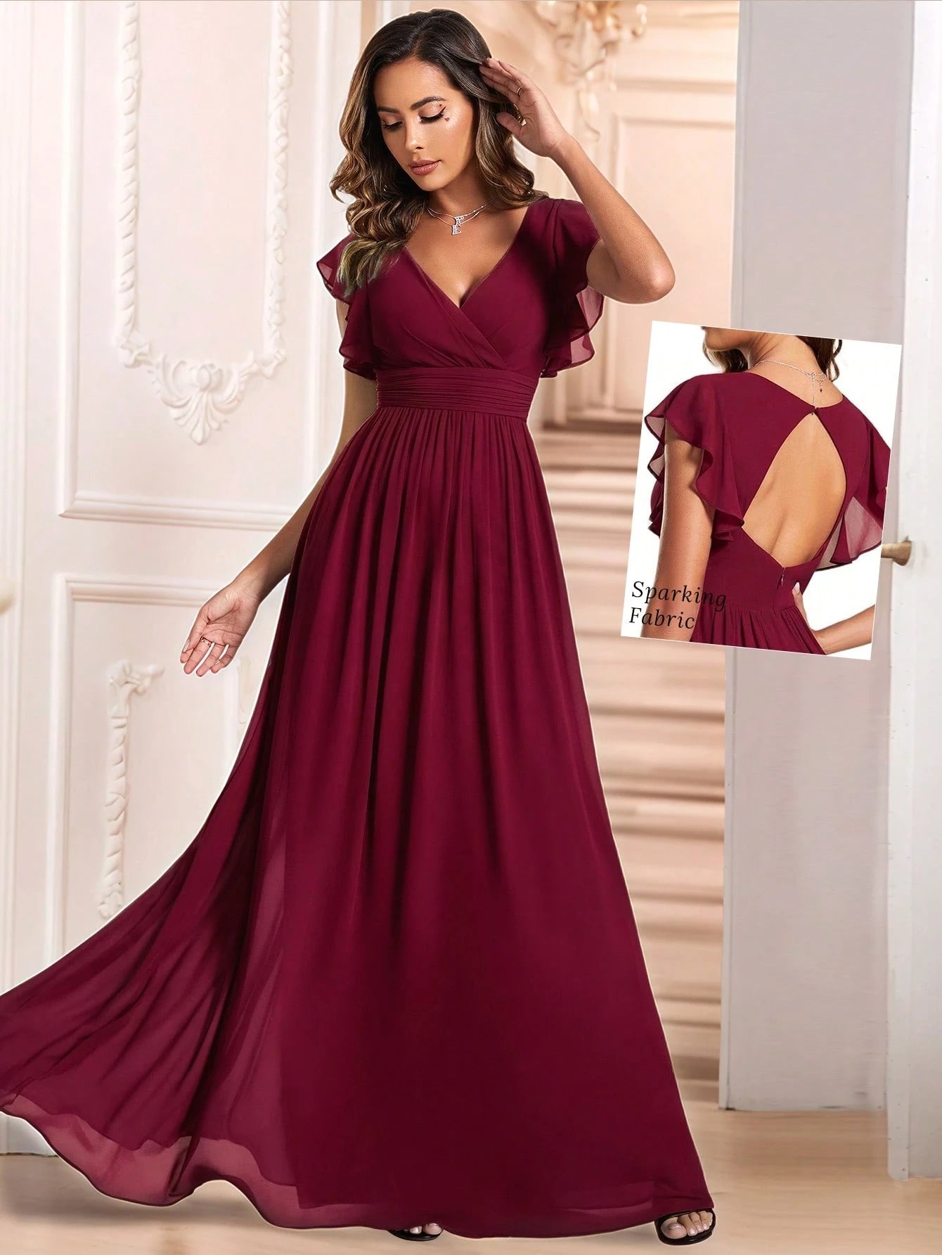 Asymmetric Ruffle Sleeve V-Neck Chiffon Green Bridesmaid Dress,