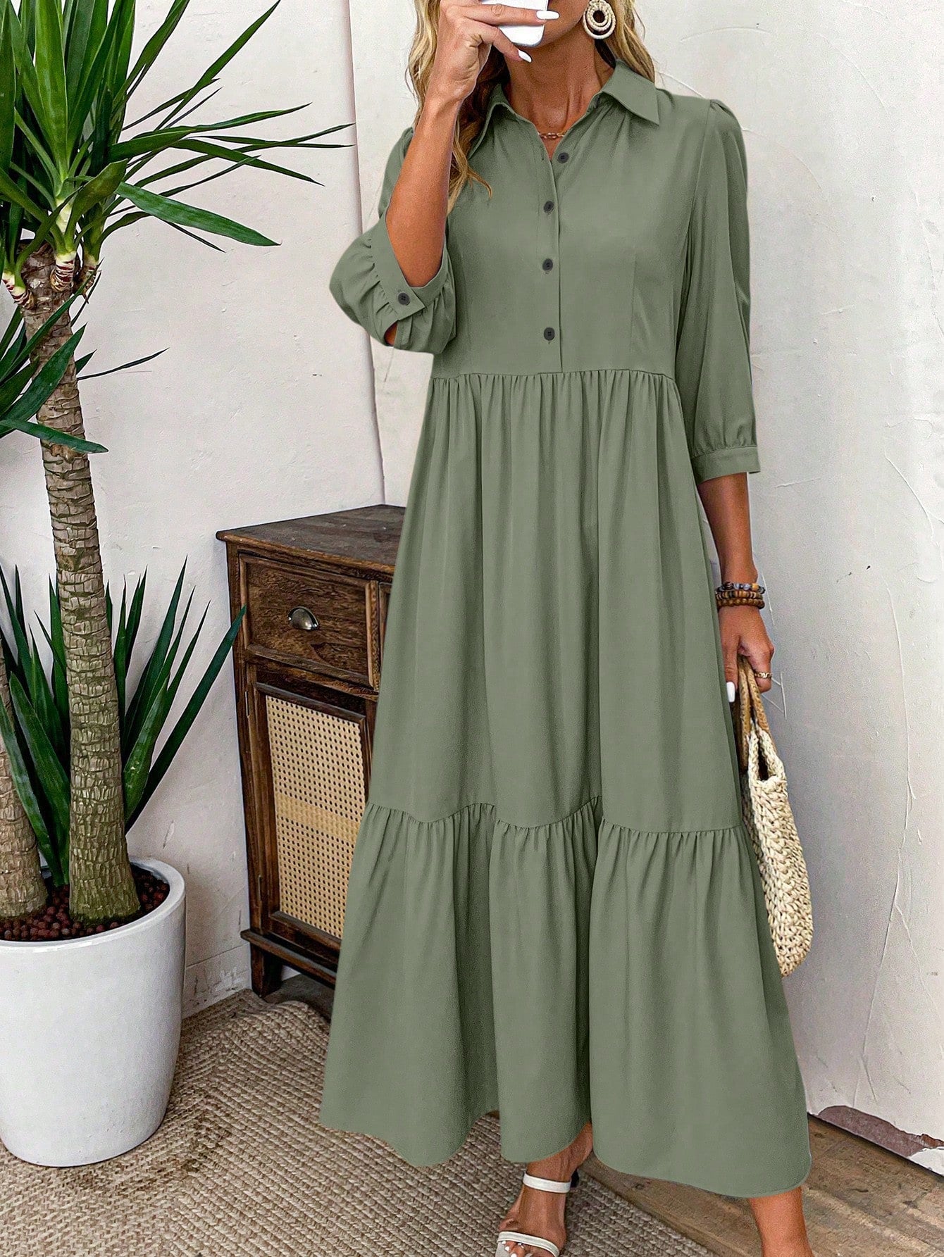 EMERY ROSE Women Solid Color Casual Short Sleeve Dress Maxi Women
