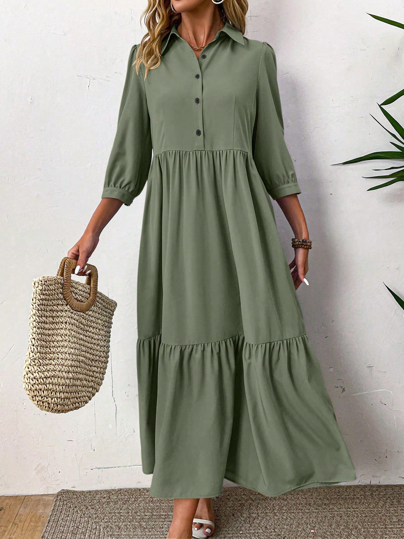 EMERY ROSE Women Solid Color Casual Short Sleeve Dress Maxi Women